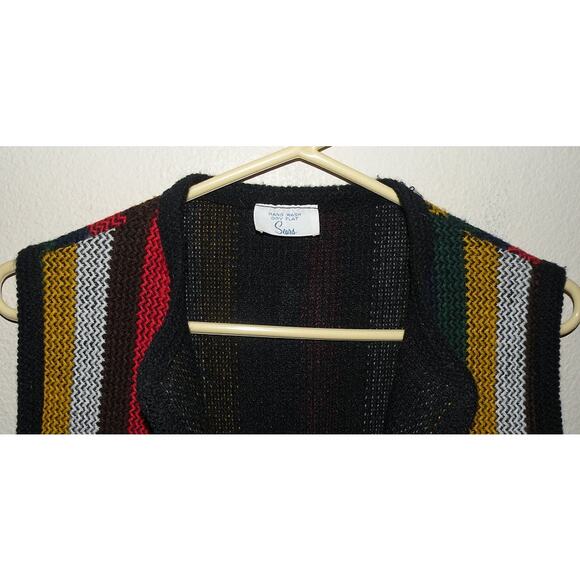 Vtg 70s Sears Open Front Sweater Vest Vertical Striped Fringe Hippie Brady Bunch - Picture 2 of 3